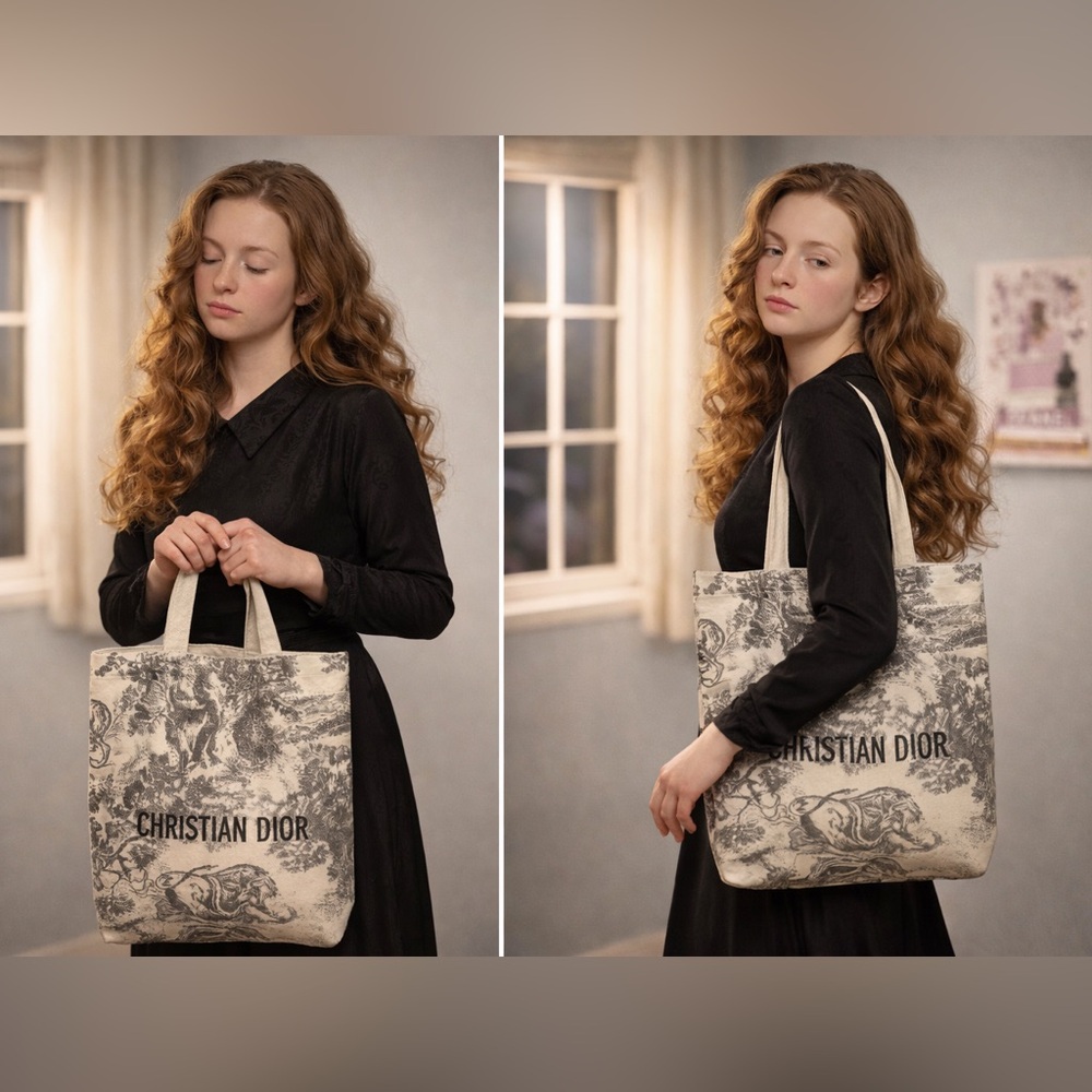 Authentic Dior Beauty Exclusive Toile de Jouy Gray Canvas Tote Made in Italy 15”